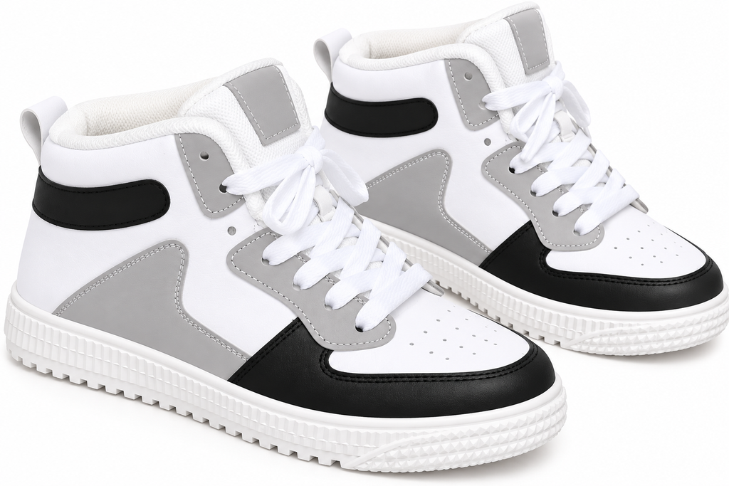 Classic High-Top Sneakers – White, Grey & Black 🤍🖤