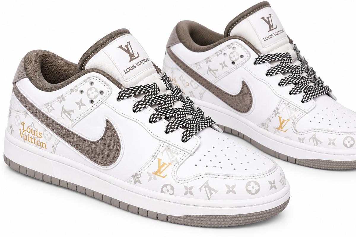🤍✨ Luxury Monogram Low-Top Sneakers – White & Grey 👟💎