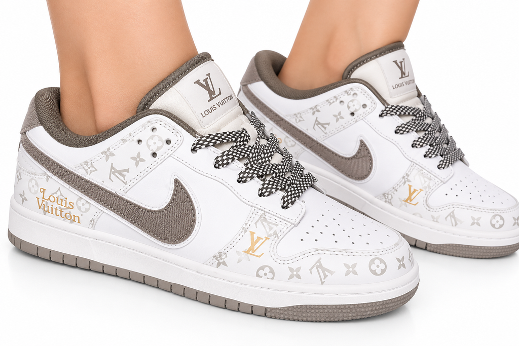 🤍✨ Luxury Monogram Low-Top Sneakers – White & Grey 👟💎