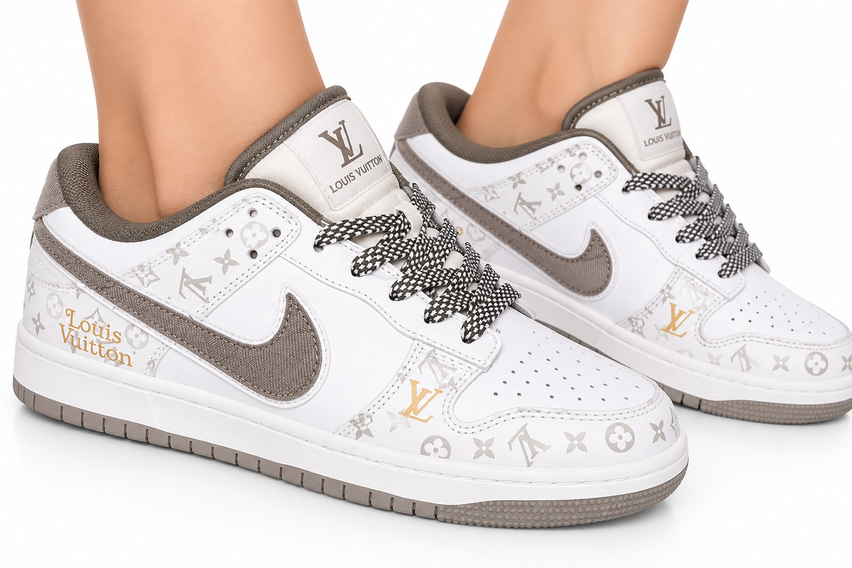 🤍✨ Luxury Monogram Low-Top Sneakers – White & Grey 👟💎