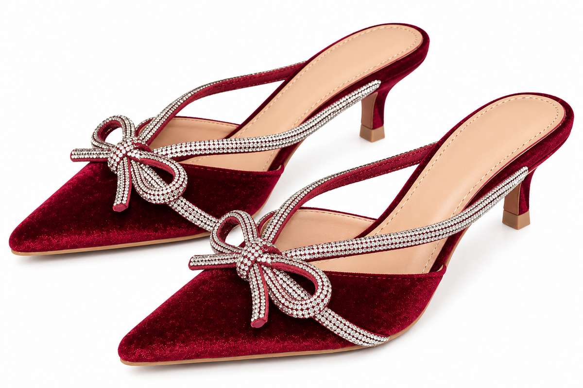 🌸💖Burgundy Ruby Glam Rhinestone Bow Kitten Hees 👠