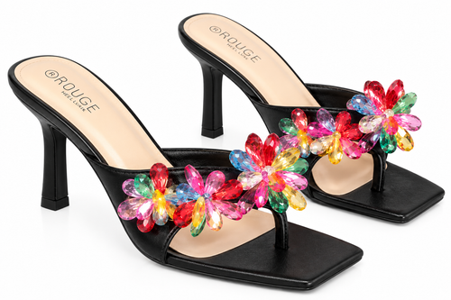 💕 Rainbow Blossom Crystal Heels – Black 👠🌸